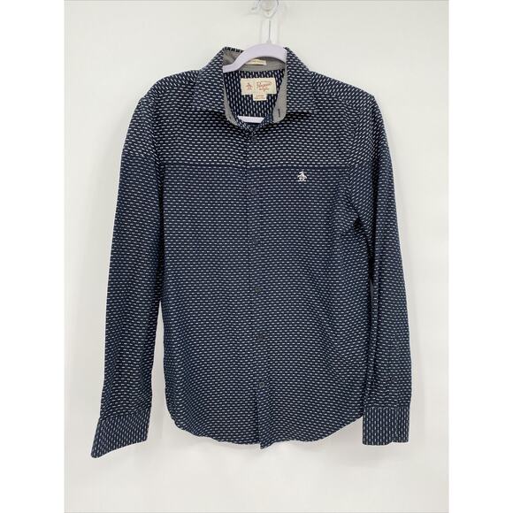 Original Penguin Mens Collared Long Sleeve Button Down AOP Shirt Blue Size S - Picture 2 of 10